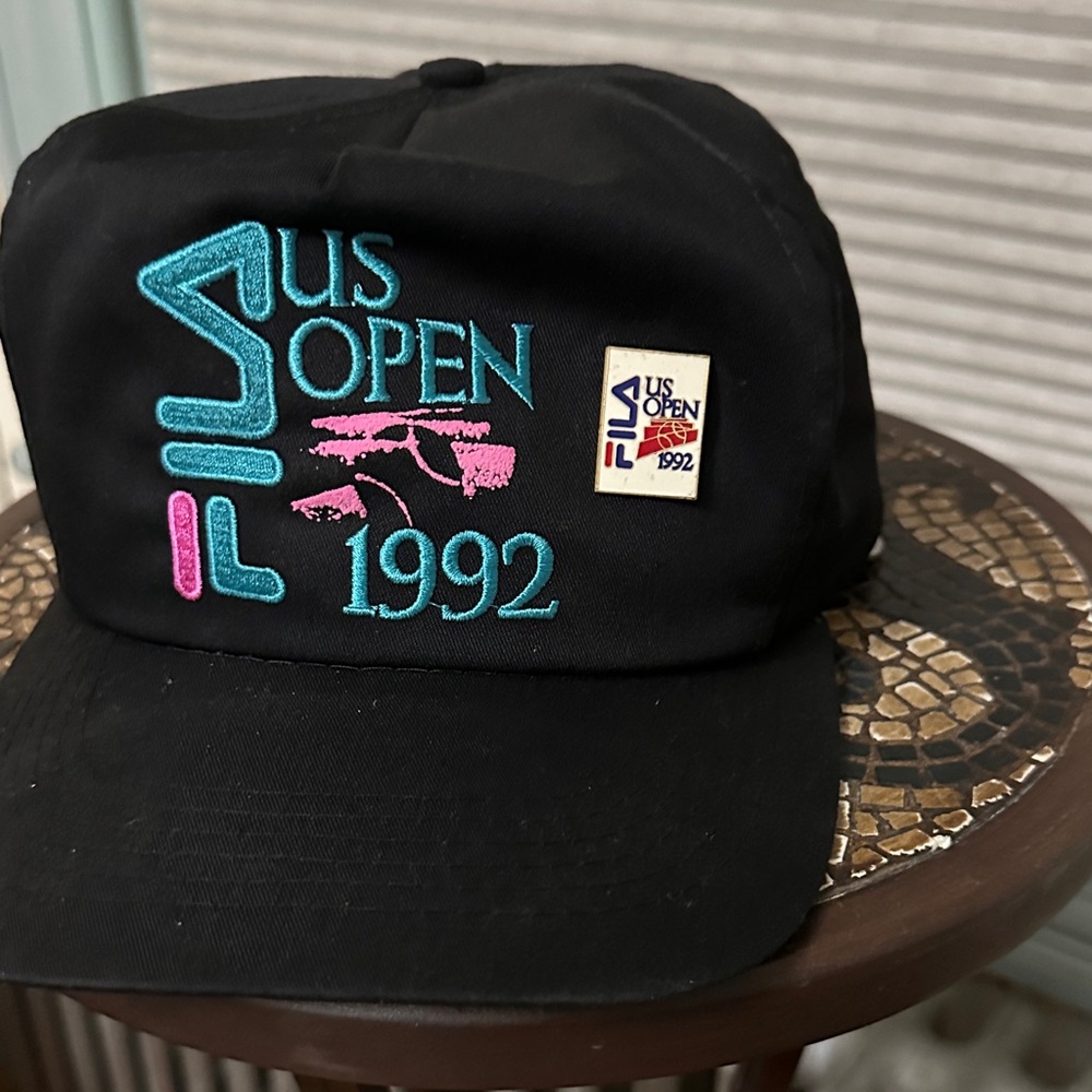 Vintage Fila Black Cap and Pin with US Open 1992 Embroidery